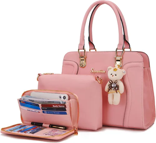 Vista 12 de Soperwillton Monederos para mujer, bolso cruzado de hombro, asa superior, bolsa de mano, cartera, juego de 3 piezas beige/marrón
