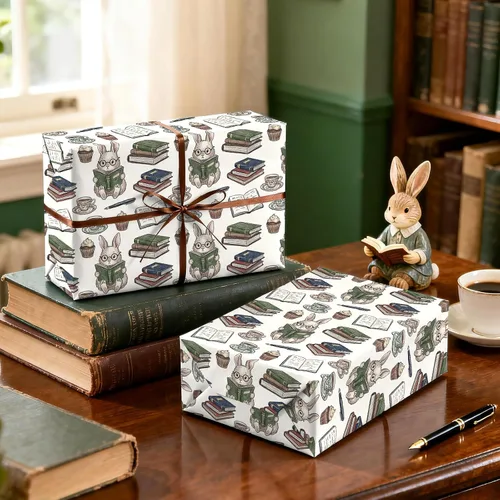 Vista 5 de WRAPAHOLIC Bookish Bunny - Rollo de papel de regalo, 17 pulgadas x 16.5 pies, conejo vintage con papel de regalo para niños y niñas, baby shower
