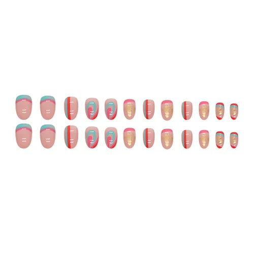 Vista 4 de Uñas postizas cortas a presión con diseño de almendra SWEKKE de verano, uñas postizas de color rosa de cobertura completa con diseños de remolinos