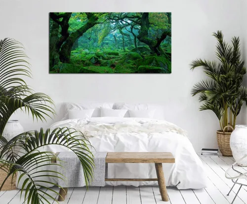 Vista 5 de Lienzo de bosque verde para pared, decoración de sala de estar, árboles grandes, imagen de naturaleza, lienzo moderno y grande, arte de madera