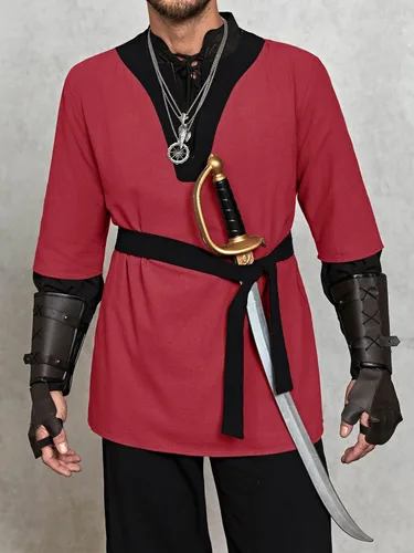 Vista 2 de Gafeng Disfraz de pirata medieval para hombre, túnica vikinga renacentista, Halloween, caballero, guerrero, retro, cosplay, LARP Tops