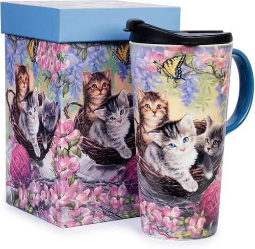 Vista 15 de Taza de viaje de cerámica de 17 onzas con tapa y caja de regalo, taza de café cardenal de arte popular, taza de té de porcelana de pájaro