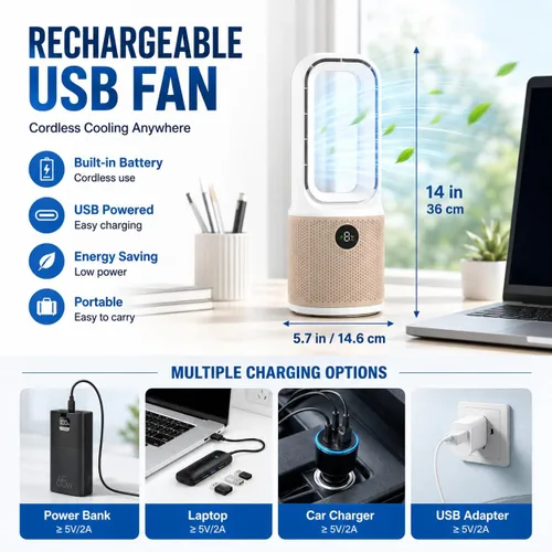 Vista 6 de Ventilador de escritorio, pequeño ventilador silencioso sin aspas con ajuste de 9 velocidades y 3 modos de luz, recargable por USB de 14 pulgadas