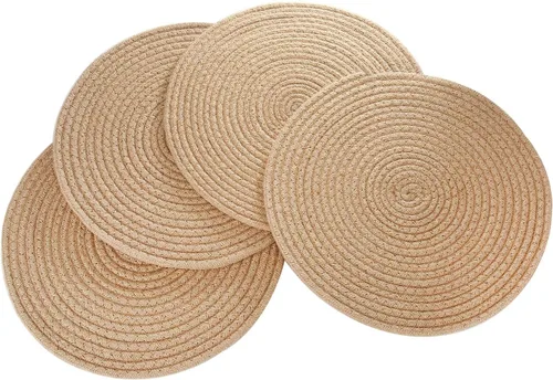 Vista 7 de Juego de 4 manteles individuales tejidos de yute, manteles individuales redondos trenzados, cuerda de yute natural, cargadores de platos grandes