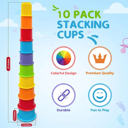 Vista 3 de Arco Iris Stacking & Nesting tazas Baby Set de construcción. 10 piezas. Con relieve caracteres Animal. Para Interior, Exterior, tina, y la playa