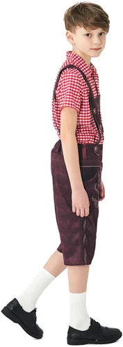 Vista 3 de IDOPIP Disfraz de Oktoberfest para niños, pantalones cortos de Lederhosen bávaros alemanes con camisa a cuadros, calcetines para niños, Halloween