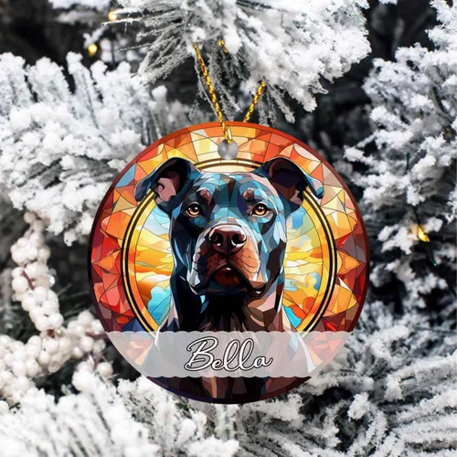 Vista 5 de Amstaff - Adornos personalizados para perros Amstaff para árbol de Navidad con nombre, adorno estilo vitral para perros, regalos para amantes