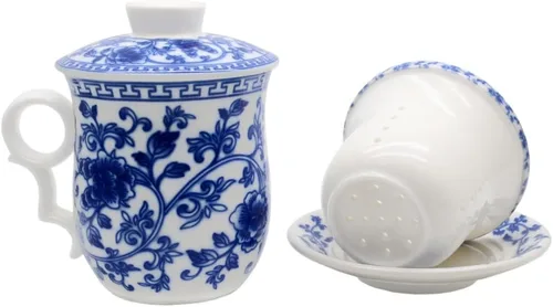 Vista 5 de Taza de té de porcelana con tapa de infusor y juegos de platillo, taza de té de cerámica china Jingdezhen, taza de té de hojas sueltas para oficina