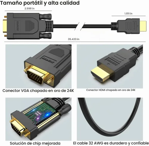 Vista 6 de BENFEI - Cable HDMI a VGA de 3 pies, cable unidireccional HDMI (fuente) a VGA (pantalla) (macho a macho) compatible con computadora, computadora