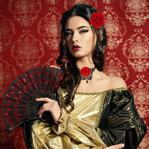Vista 3 de 5 accesorios de flamenco de flores de rosas de Halloween que incluyen ventilador plegable de tela de lentejuelas bordadas pinza de cabello de flores