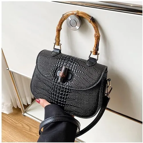 Vista 2 de Bolso de mano de cuero artificial de bambú con asa superior para mujer, elegante bolso de noche, regalo para mujer, hecho a mano