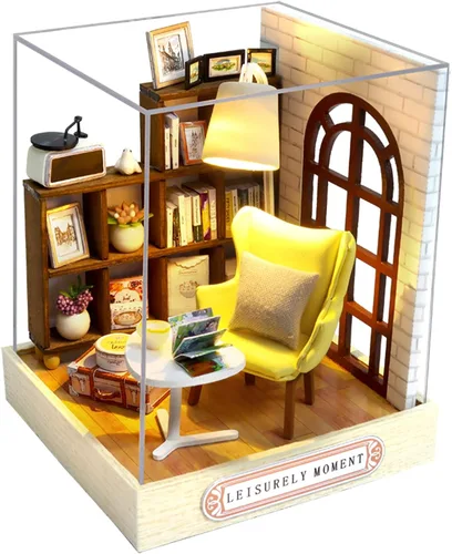 Vista 17 de CUTEROOM Juego de bricolaje para casa de muñecas en miniatura con muebles de madera, kit de casa de madera con cubierta antipolvo y luz LED