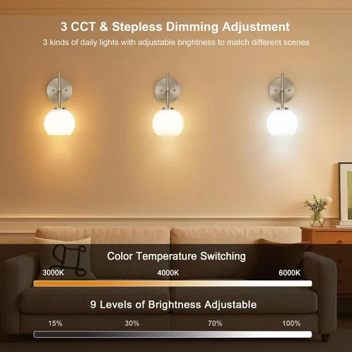 Vista 5 de Juego de 2 apliques de pared de níquel cepillado que funcionan con pilas, iluminación de pared inalámbrica recargable con control remoto, luces