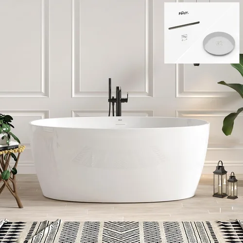 Vista 16 de FerdY Tahití - Bañera de acrílico independiente de 55 pulgadas, elegante bañera de remojo de forma ovalada, blanco brillante, drenaje dorado