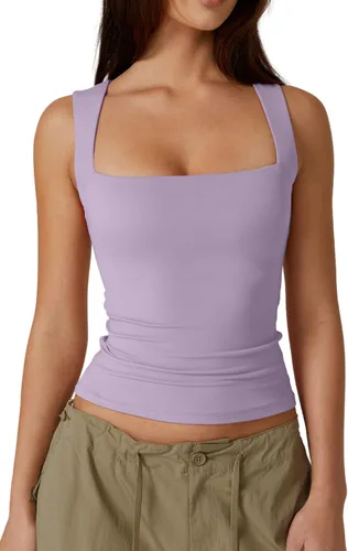 Vista 33 de QINSEN Camisetas básicas ajustadas de doble capa con cuello cuadrado para mujer Castaño