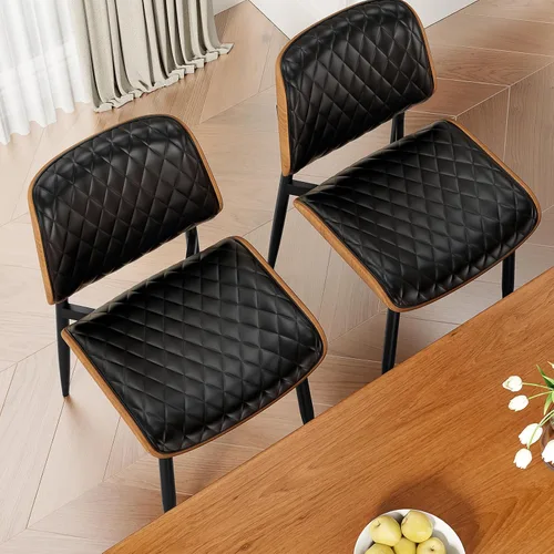 Vista 8 de Juego de 2 sillas de comedor, modernas sillas tapizadas de piel sintética de mediados de siglo con respaldo de nogal y patas de metal, pies