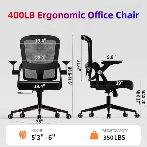 Vista 2 de Ergonomic Office Chair - 350LB Comfy Desk Chairs with Adjustable Lumbar Back and Support, Mesh Computer Chairs with Wheels and Arms for Home Office