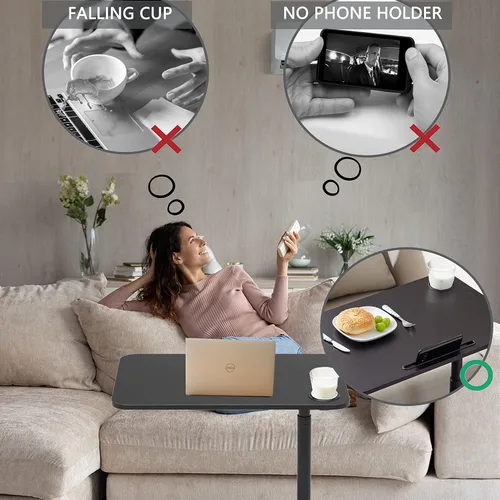 Vista 4 de ETHU Mesa de cama con elevador hidráulico, mesa de cama ajustable de altura de 27.1 a 34.2 pulgadas con ruedas bloqueables, mesa de grano de madera
