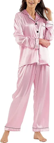 Vista 2 de Conjunto de pijama de seda para mujer, conjunto de pijama de manga larga de dos piezas, conjunto de pijama con botones, ropa de dormir