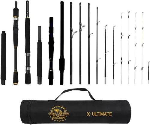 Vista 12 de Rigged & Ready X Series™ Travel Fishing Rods. 6 Super Compact Combos and Rods, Multi-Functional, Spinning Poles. 5 to 25 Techniques from one Rod.