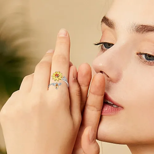 Vista 4 de PATISORNA Anillos giratorios de plata de ley 925 con girasol para mujeres y niñas anillo de ansiedad You are My Sunshine para aliviar el estrés