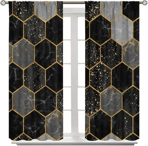 Vista 102 de Cortinas Negras con Dobladillo Dorado, Cortinas Opacas con Bolsillo para Barra con Estampado de Rayas de Foil en Onda Dorada para Decoración de Negro