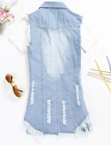 Vista 4 de Tanming Women's Casual Denim Vest Sleeveless Frayed Ripped Long Denim Jean Jacket