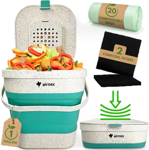 Vista 9 de AIRNEX Contenedor de Compost Plegable para Mostrador de Cocina - Contenedor de Compost de Mostrador de 1 Galón con Tapa Hecho de Paja de Trigo Gris