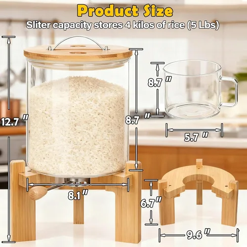 Vista 5 de Dispensador de arroz de vidrio, dispensador de cereales con taza medidora de vidrio y tapa hermética. Dispensador de almacenamiento de arroz de 5
