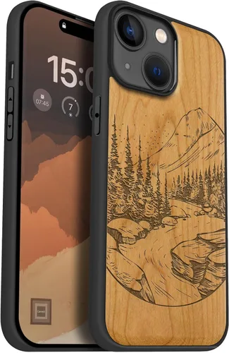 Vista 13 de Carveit Funda magnética de madera para iPhone 15, compatible con cargadores inalámbricos MagSafe, funda negra de TPU suave a prueba de golpes
