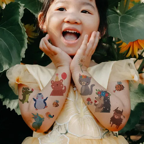 Vista 3 de Tatuajes temporales de animales con brillantina, 30 hojas de calcomanías de tatuajes falsos de animales salvajes, tatuajes pequeños impermeables