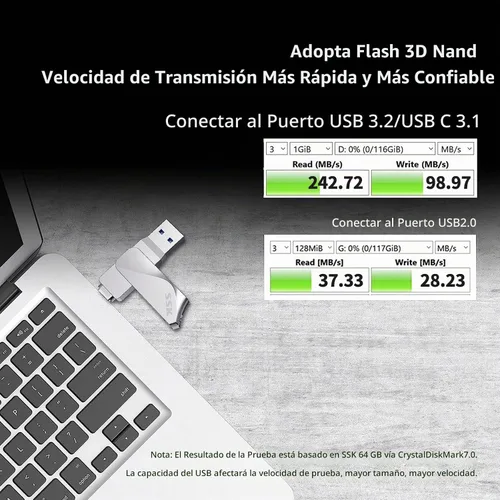 Vista 2 de SSK Memoria USB 3.2 Flash de 64 GB hasta 200 MB/s Dual USB A+C Memory Stick
