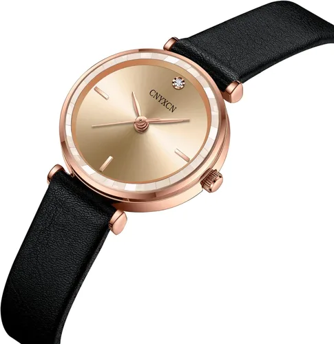 Vista 7 de Reloj de mujer con diamantes para muñeca pequeña, correa de cuero con lente de cristal para mujer, resistente al agua