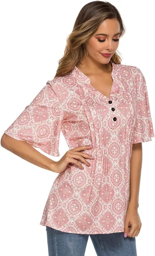 Vista 4 de HOCOSIT - Camiseta de manga corta con olanes y cuello en V con estampado de flores, plisada y abotonada, para mujer