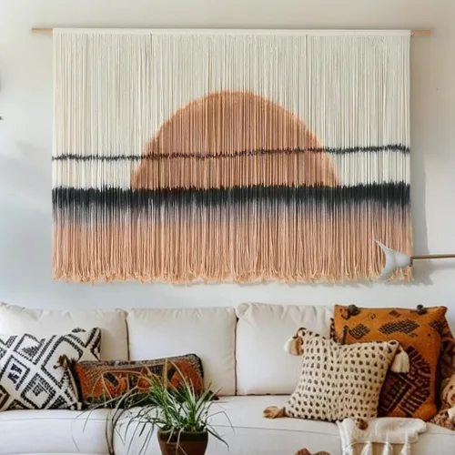 Vista 2 de macramé para colgar en la pared, teñido de inmersión, puesta de sol, decoración de pared, arte de fibra de 57 pulgadas de ancho x 35