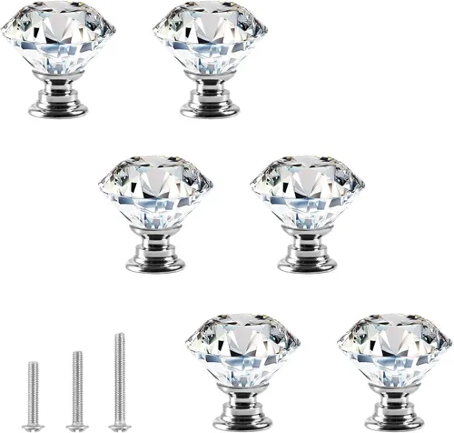 Vista 12 de 6 pomos de cristal de cristal de 1.18 pulgadas para cajones, pomos negros en forma de diamante, manijas con tornillos para cocina, baño, tocador