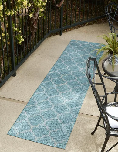 Vista 85 de Unique Loom Outdoor Trellis Collection Alfombra de Área (5' 1" x 8' Oval, Aguamarina/Gris)