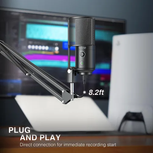 Vista 6 de FIFINE - Micrófono USB para podcast, micrófono condensador para PC con soporte de brazo extensible, botón de silencio, kit de micrófono Plug & Play