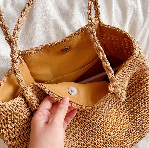 Vista 6 de JI YA LI Bolso de playa de paja suave tejida a mano, bolso de mano casual vintage de ratán bolso de mano bohemio Wowen Tote Basket Bolsa