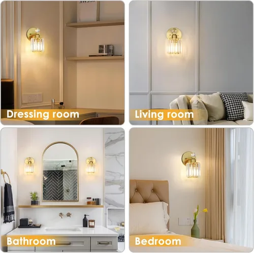 Vista 6 de Lámparas de baño doradas de 1 luz, modernas luces de tocador de baño con pantalla de cristal transparente, luces de montaje en pared de baño
