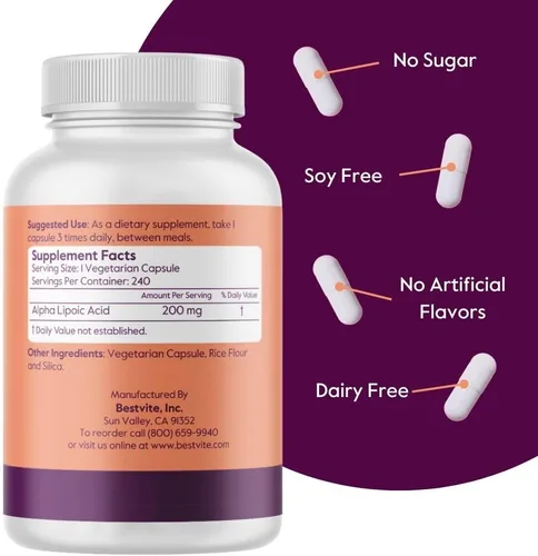 Vista 2 de BESTVITE Ácido alfa lipoico 200 mg (por cápsula) (240 cápsulas vegetarianas) - Sin estearatos - Vegano - Sin gluten - Sin OMG