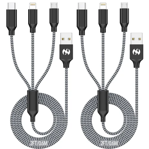 Vista 10 de Cable de carga múltiple de 10 pies, paquete de 2 cables de carga 3 en 1, cable largo de nailon trenzado rápido, cable de carga USB, cable de carga