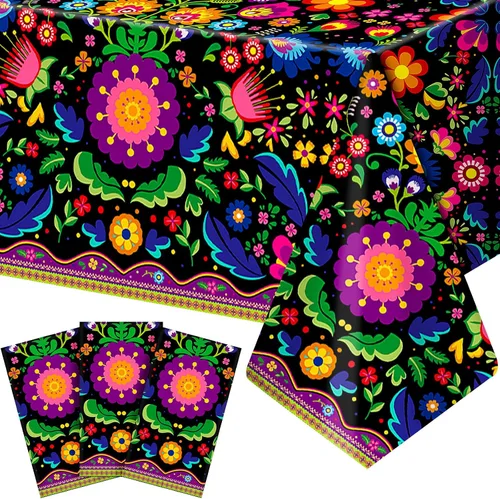 Vista 7 de Frienda 3 manteles de plástico para decoración de fiesta mexicana de 54 x 108 pulgadas, manteles desechables florales mexicanos para suministros