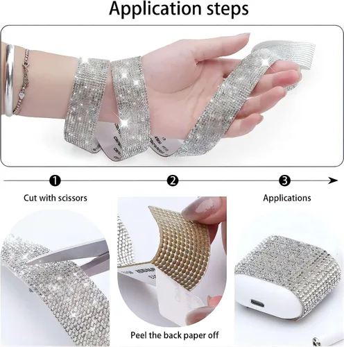 Vista 5 de 3 rollos de cinta de diamantes de imitación, 3 tamaños, tiras de diamantes de imitación autoadhesivas, cintas de diamantes de imitación de cristal