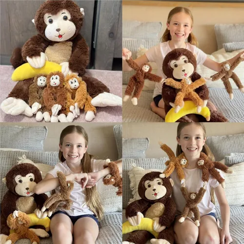 Vista 3 de MaoGoLan Mono gigante de peluche con bebés, juguete de peluche suave con plátano regalo para niños, niñas, niños, mamá y 3 bebés pequeños colgantes