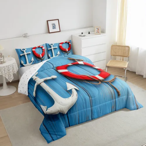 Vista 4 de Erosebridal Edredón náutico costero, juego de ropa de cama y colecciones de playa de verano, estilo clásico, edredón de plumón oceánico