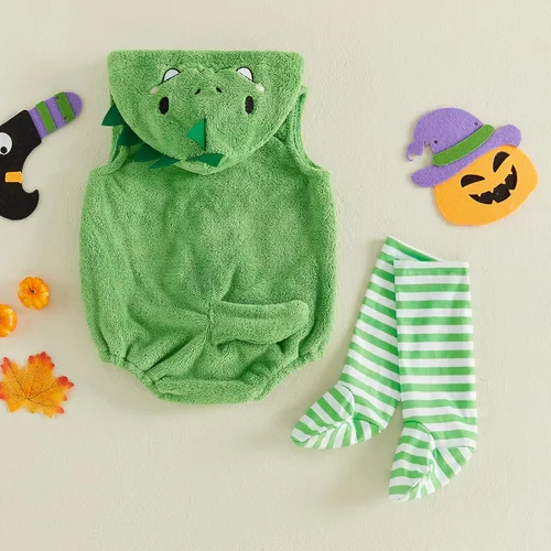 Vista 3 de Disfraz de Halloween para bebé, conjunto de 2 piezas con capucha de Verde (Green-Dinosaur)