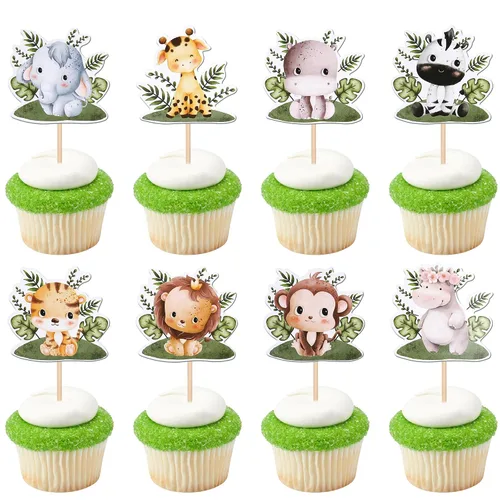 Vista 10 de 36 piezas de decoración para cupcakes de animales de la jungla, león, mono, cebra, hipopótamo, jirafa, elefante, temática de bosque, púas