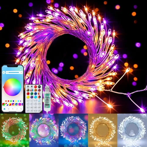 Vista 11 de Luces de Hadas Inteligentes Paquete de 2 Total 66 Pies 200 Luces LED de Cadena Parpadeantes con Control Remoto y APP, Luces de Árbol de Navidad USB