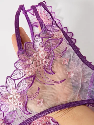 Vista 5 de WDIRARA Conjunto de lencería de 2 piezas para mujer con bordado floral y tirantes delgados